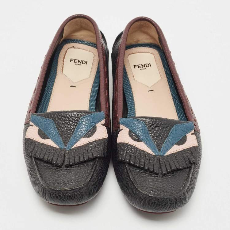 Pre Owned Fendi Black/Burgundy Leather Monster Eye Loafers Size 40