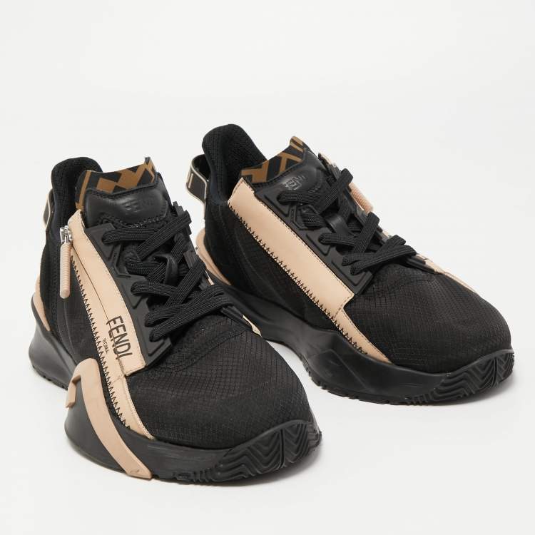 Pre Owned Fendi Black/Peach Suede and Nylon Flow Low Top Sneakers Size 39