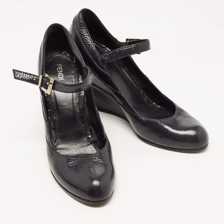 Pre Owned Fendi Two Tone Textured Leather Mary Jane Wedge Pumps Size 39