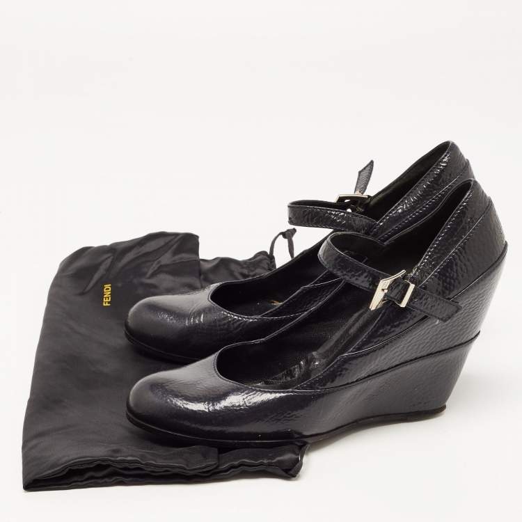 Pre Owned Fendi Two Tone Textured Leather Mary Jane Wedge Pumps Size 39