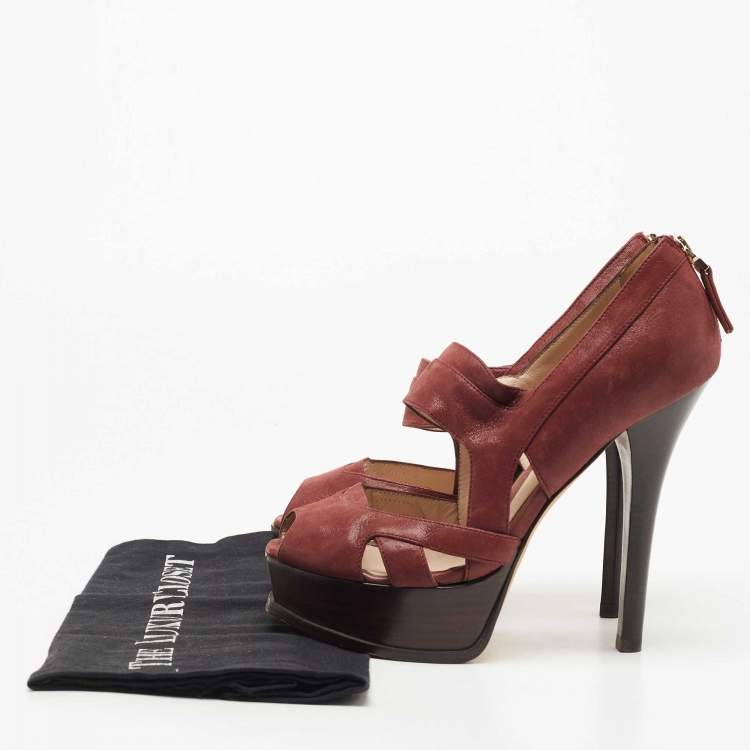 Pre Owned FendI Burgundy Glitter Nubuck Leather Peep Toe Platform Pumps Size 37.5