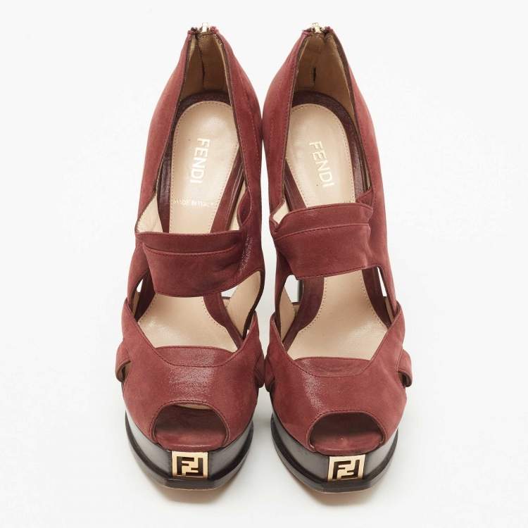 Pre Owned FendI Burgundy Glitter Nubuck Leather Peep Toe Platform Pumps Size 37.5