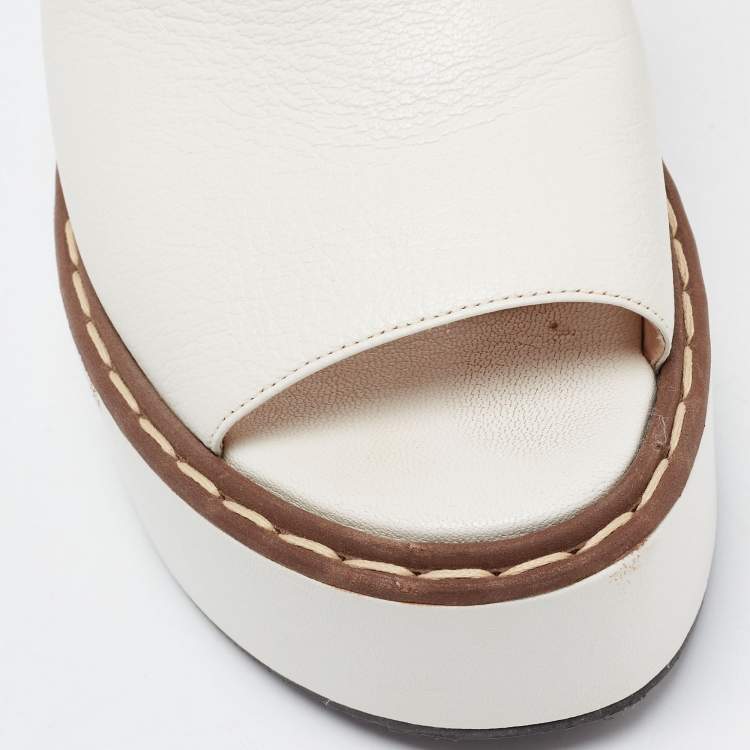 Pre Owned Fendi White Leather Logo Detail Platform Mules Size 40