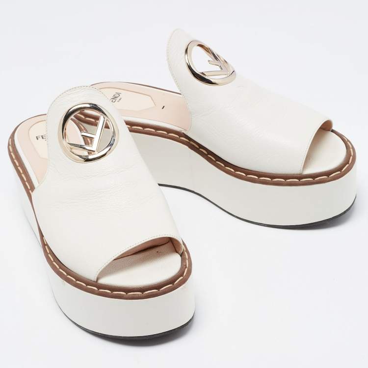 Pre Owned Fendi White Leather Logo Detail Platform Mules Size 40