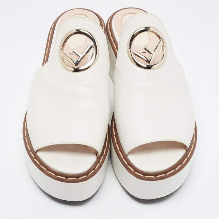 Pre Owned Fendi White Leather Logo Detail Platform Mules Size 40