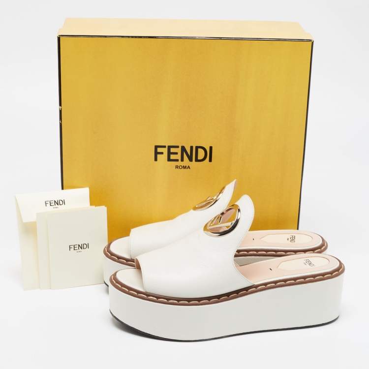 Pre Owned Fendi White Leather Logo Detail Platform Mules Size 40