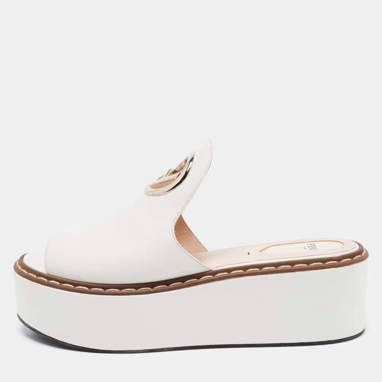 Pre Owned Fendi White Leather Logo Detail Platform Mules Size 40