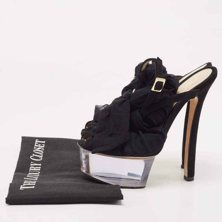 Pre Owned Fendi Black Lace Fabric and Suede Ankle Tie Platform Sandals Size 37.5