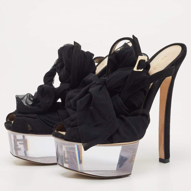 Pre Owned Fendi Black Lace Fabric and Suede Ankle Tie Platform Sandals Size 37.5