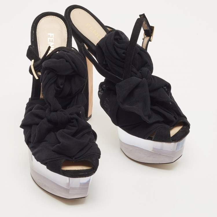 Pre Owned Fendi Black Lace Fabric and Suede Ankle Tie Platform Sandals Size 37.5