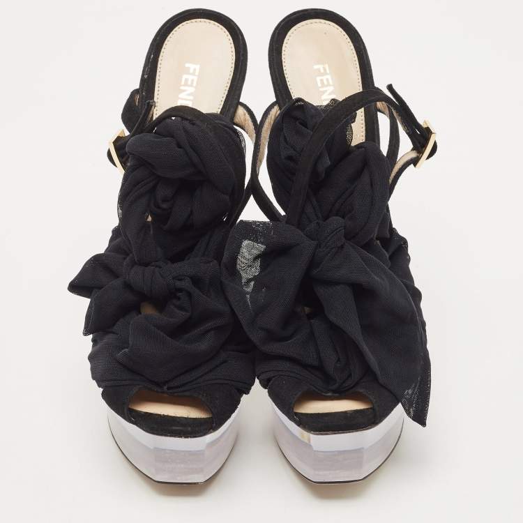 Pre Owned Fendi Black Lace Fabric and Suede Ankle Tie Platform Sandals Size 37.5