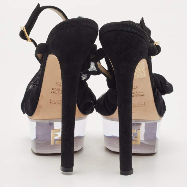Pre Owned Fendi Black Lace Fabric and Suede Ankle Tie Platform Sandals Size 37.5