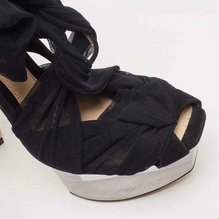 Pre Owned Fendi Black Lace Fabric and Suede Ankle Tie Platform Sandals Size 37.5