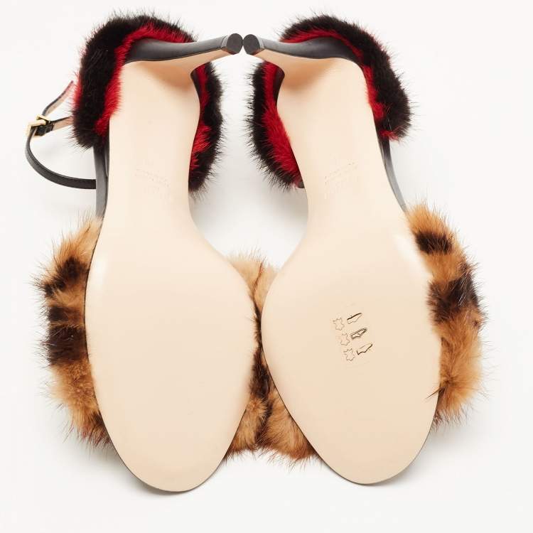 Pre Owned  Fendi Multicolor FF Mink Fur Ankle Strap Sandals Size 38