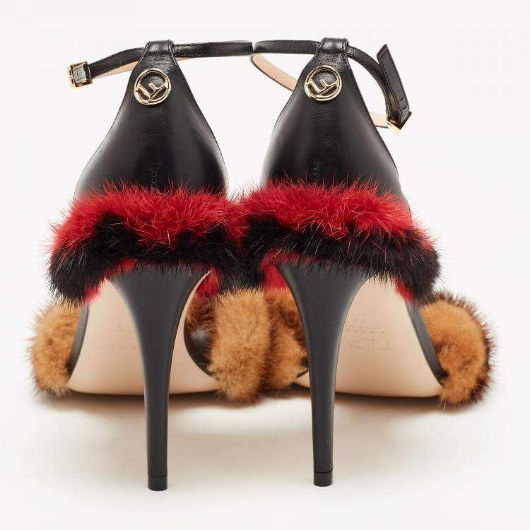 Pre Owned  Fendi Multicolor FF Mink Fur Ankle Strap Sandals Size 38