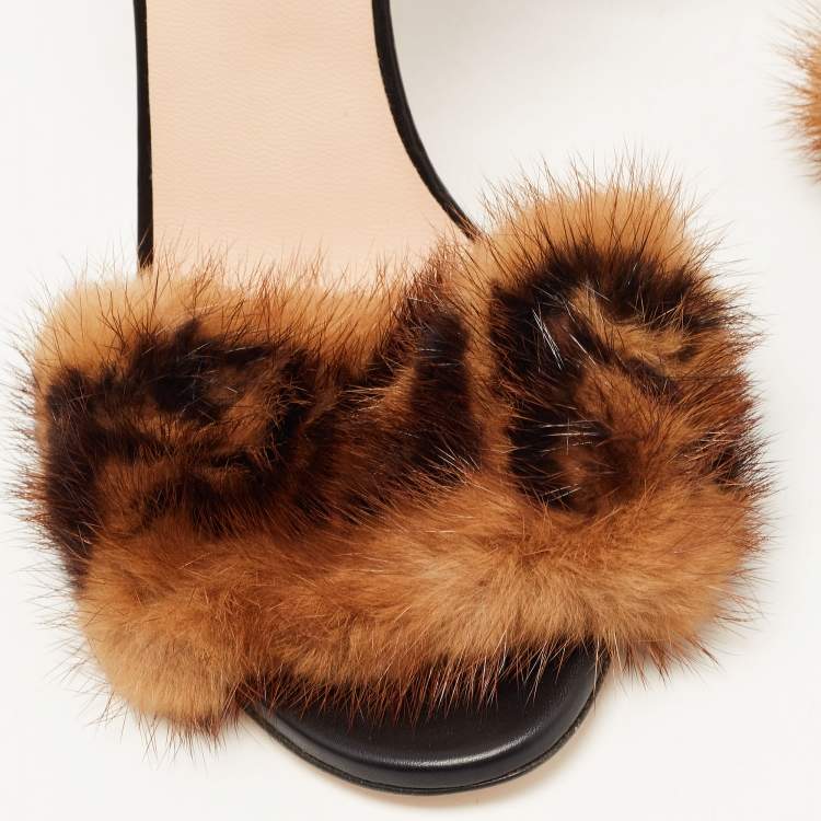 Pre Owned  Fendi Multicolor FF Mink Fur Ankle Strap Sandals Size 38