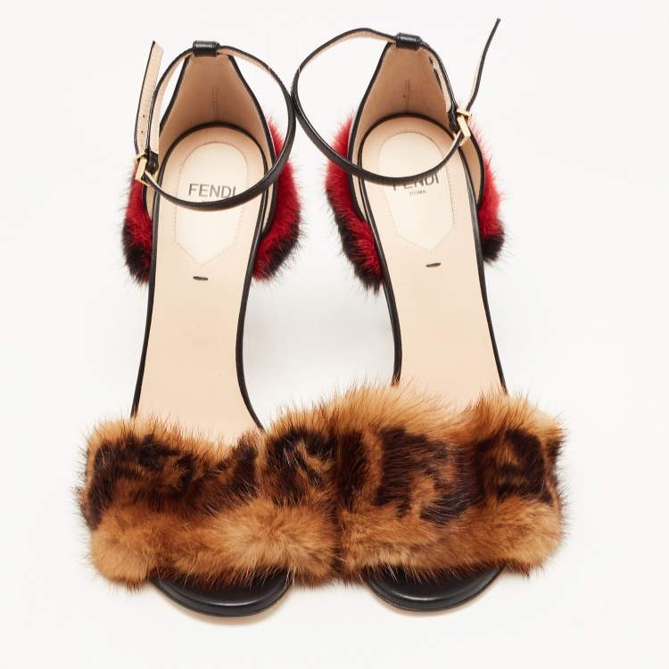 Pre Owned  Fendi Multicolor FF Mink Fur Ankle Strap Sandals Size 38