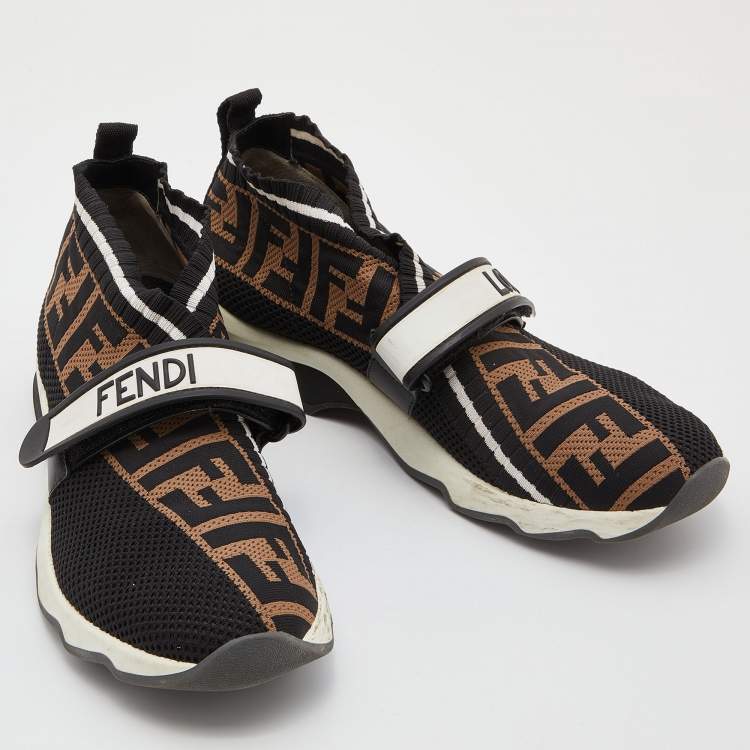 Pre Owned Fendi Brown/Black Zucca Knit Fabric Rockoko Slip On Sneakers Size 38
