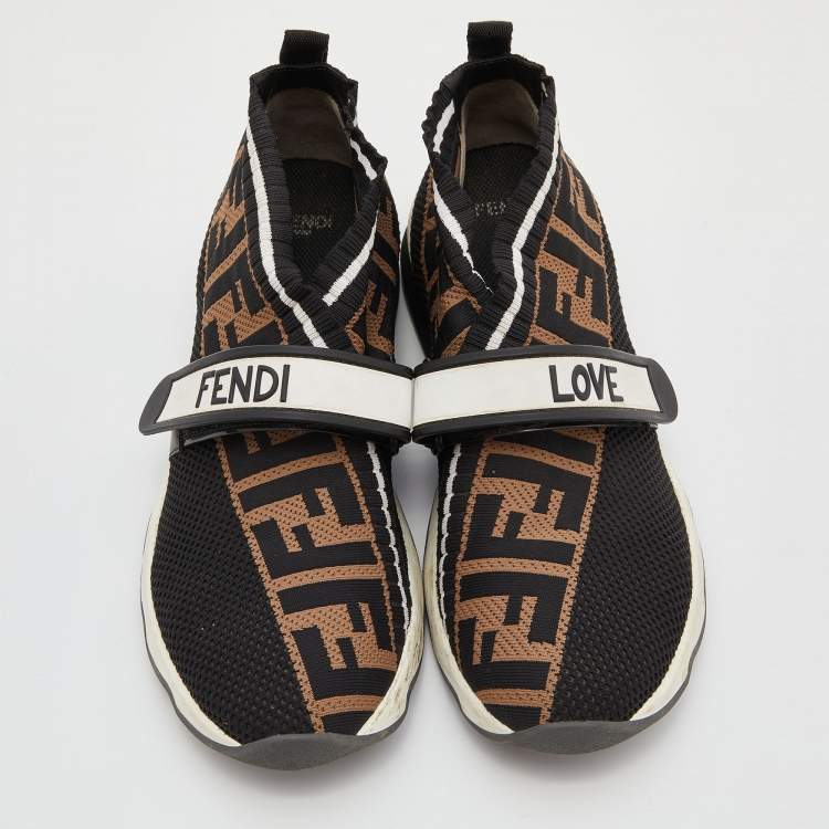 Pre Owned Fendi Brown/Black Zucca Knit Fabric Rockoko Slip On Sneakers Size 38