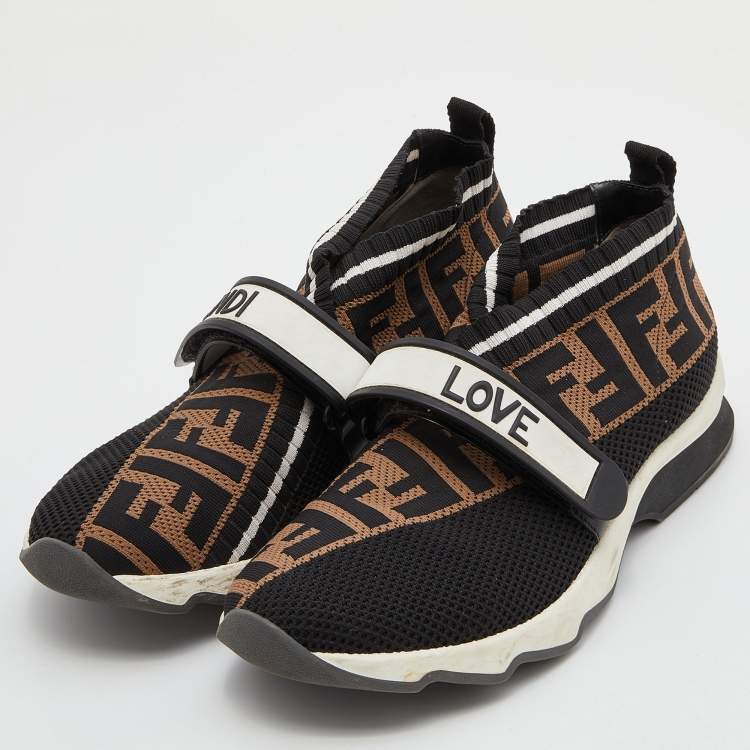 Pre Owned Fendi Brown/Black Zucca Knit Fabric Rockoko Slip On Sneakers Size 38