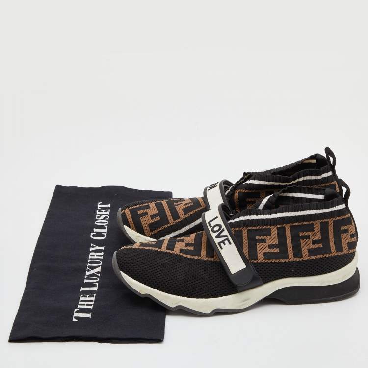 Pre Owned Fendi Brown/Black Zucca Knit Fabric Rockoko Slip On Sneakers Size 38