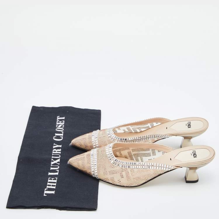 Pre Owned Fendi Pink Mesh Crystal Embellished Colibrì Pointed Toe Mules Size 38.5