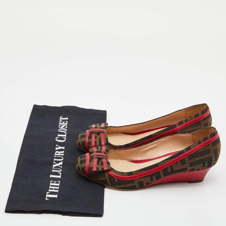 Pre Owned Fendi Brown/Red Zucca Canvas and Leather Trim Bow Wedge Pumps Size 37