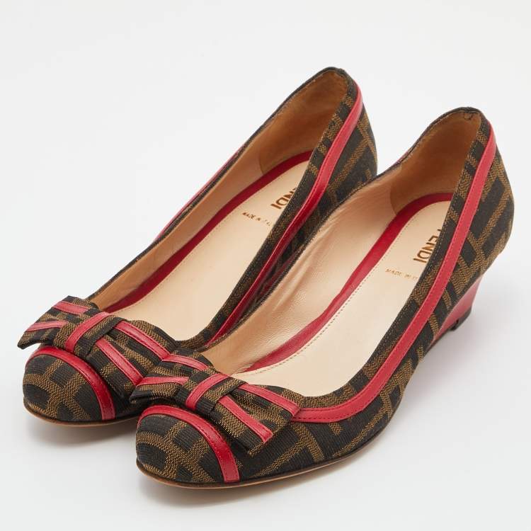 Pre Owned Fendi Brown/Red Zucca Canvas and Leather Trim Bow Wedge Pumps Size 37