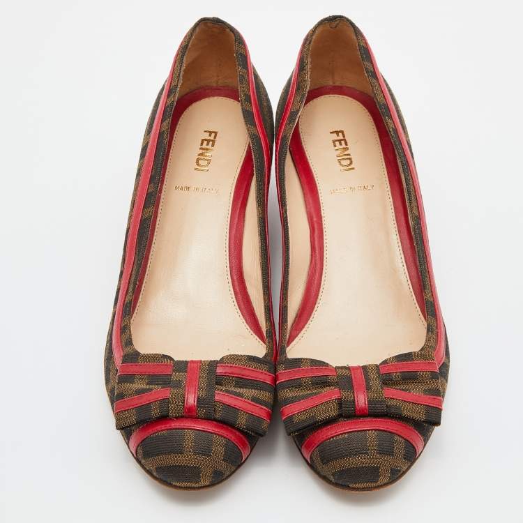 Pre Owned Fendi Brown/Red Zucca Canvas and Leather Trim Bow Wedge Pumps Size 37