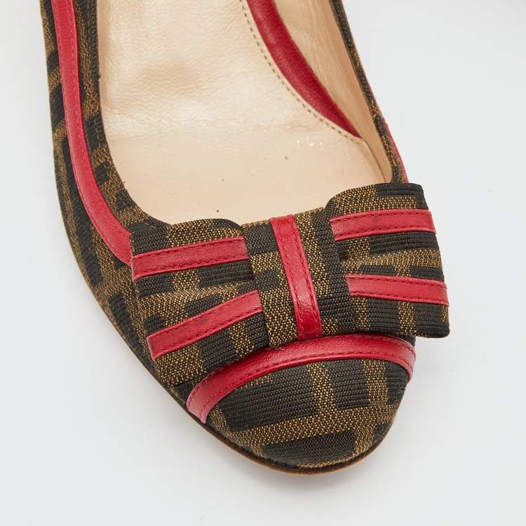 Pre Owned Fendi Brown/Red Zucca Canvas and Leather Trim Bow Wedge Pumps Size 37