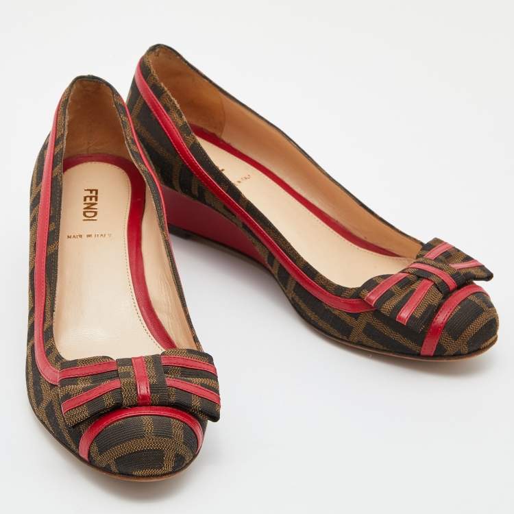 Pre Owned Fendi Brown/Red Zucca Canvas and Leather Trim Bow Wedge Pumps Size 37