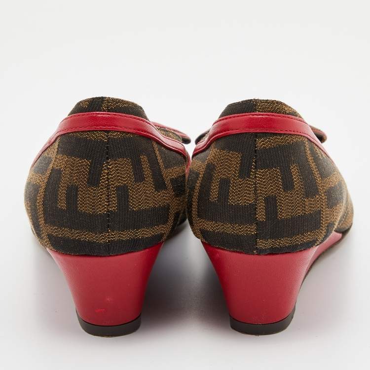 Pre Owned Fendi Brown/Red Zucca Canvas and Leather Trim Bow Wedge Pumps Size 37