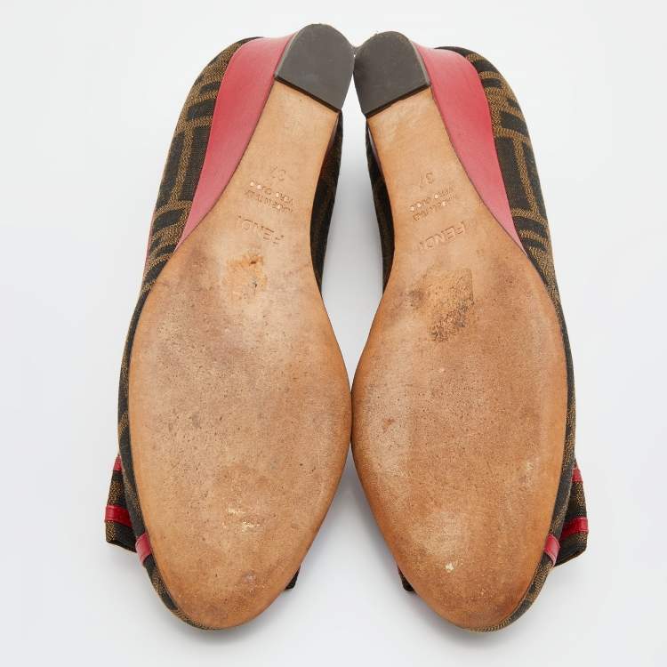 Pre Owned Fendi Brown/Red Zucca Canvas and Leather Trim Bow Wedge Pumps Size 37
