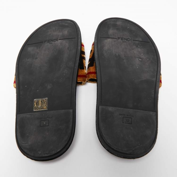 Pre Owned Fendi Tricolor Zucca Velvet Flat Slides Size 39