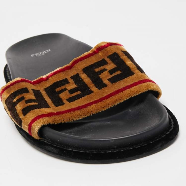 Pre Owned Fendi Tricolor Zucca Velvet Flat Slides Size 39