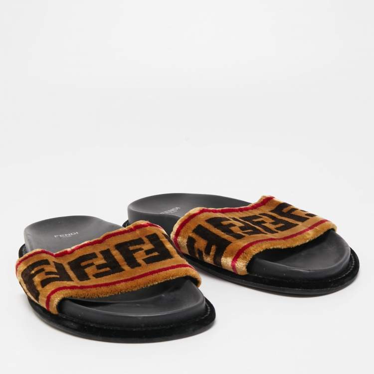 Pre Owned Fendi Tricolor Zucca Velvet Flat Slides Size 39