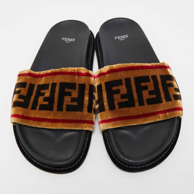 Pre Owned Fendi Tricolor Zucca Velvet Flat Slides Size 39
