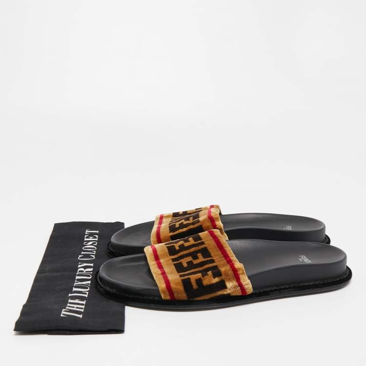 Pre Owned Fendi Tricolor Zucca Velvet Flat Slides Size 39