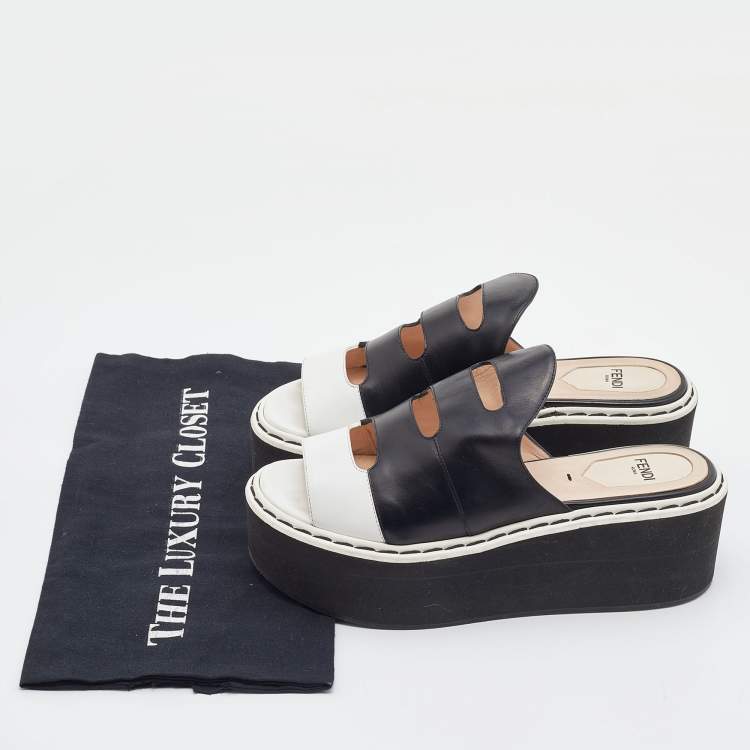 Pre Owned Fendi Black/White Leather Wedge Platform Slide Sandals Size 36