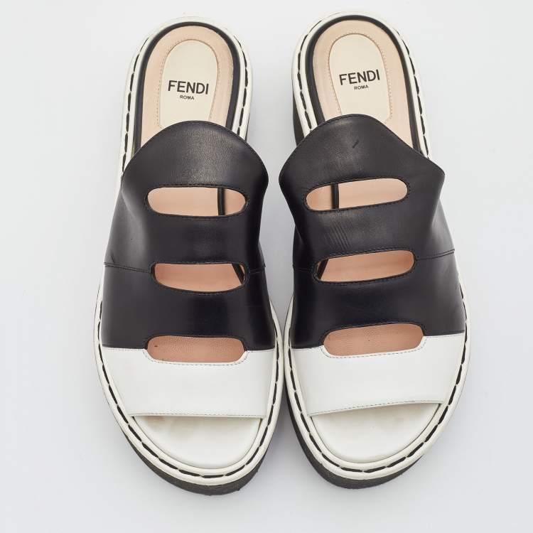 Pre Owned Fendi Black/White Leather Wedge Platform Slide Sandals Size 36