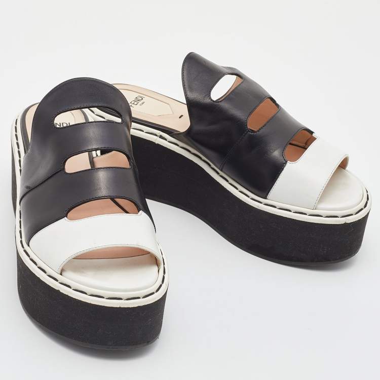 Pre Owned Fendi Black/White Leather Wedge Platform Slide Sandals Size 36