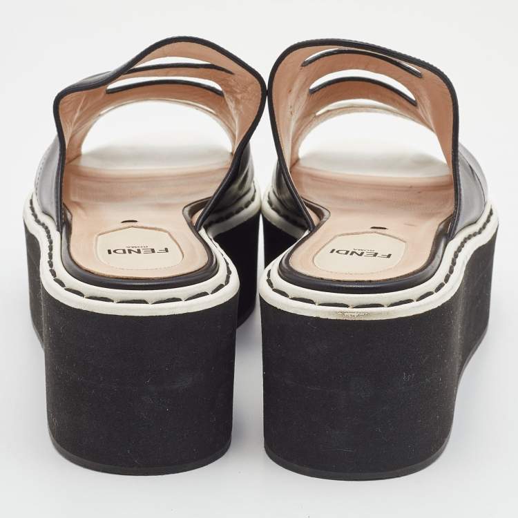 Pre Owned Fendi Black/White Leather Wedge Platform Slide Sandals Size 36