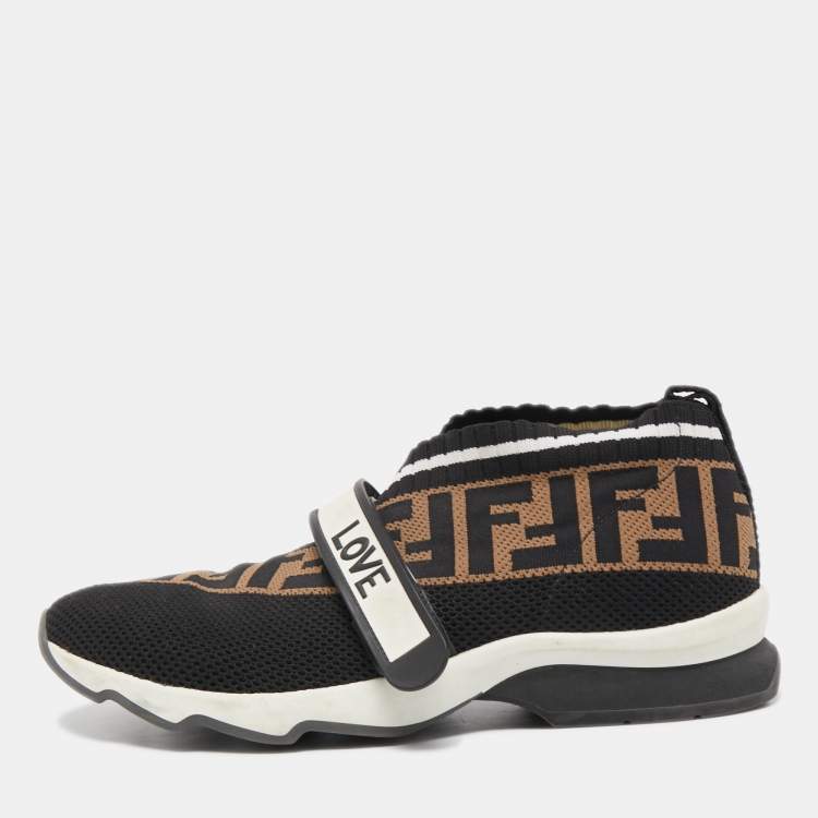 Pre Owned Fendi Black/Brown Zucca Knit Fabric Rockoko Low Top Sneakers Size 39