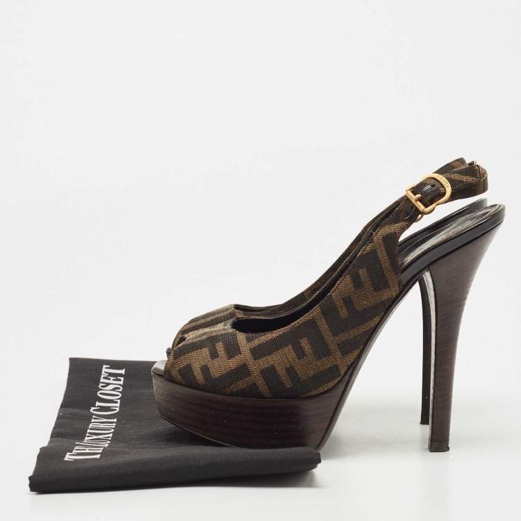 Pre Owned Fendi Tobacco Zucca Canvas FF Slingback Peep Toe  Pumps Size 37.5
