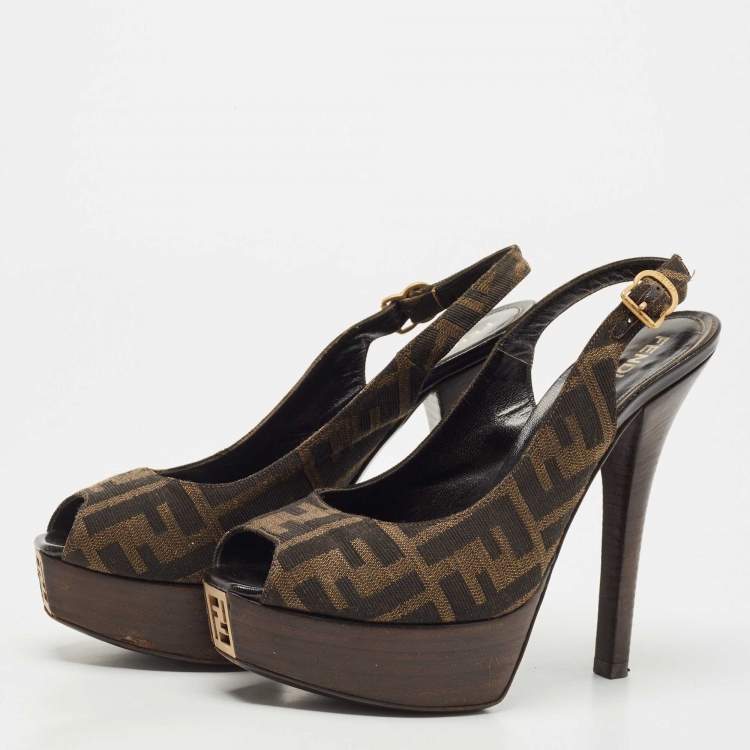 Pre Owned Fendi Tobacco Zucca Canvas FF Slingback Peep Toe  Pumps Size 37.5