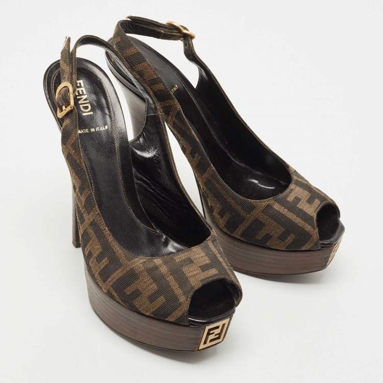 Pre Owned Fendi Tobacco Zucca Canvas FF Slingback Peep Toe  Pumps Size 37.5