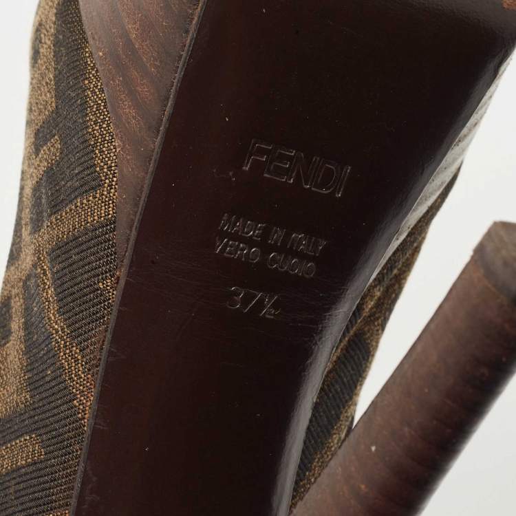 Pre Owned Fendi Tobacco Zucca Canvas FF Slingback Peep Toe  Pumps Size 37.5