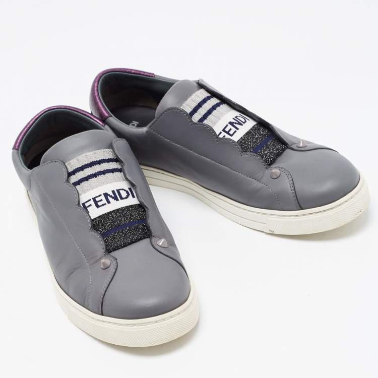 Pre Owned Fendi Grey Leather Rockoko Slip On Sneakers Size 39