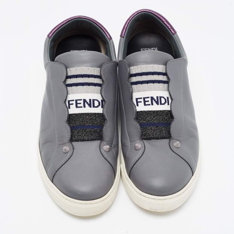 Pre Owned Fendi Grey Leather Rockoko Slip On Sneakers Size 39
