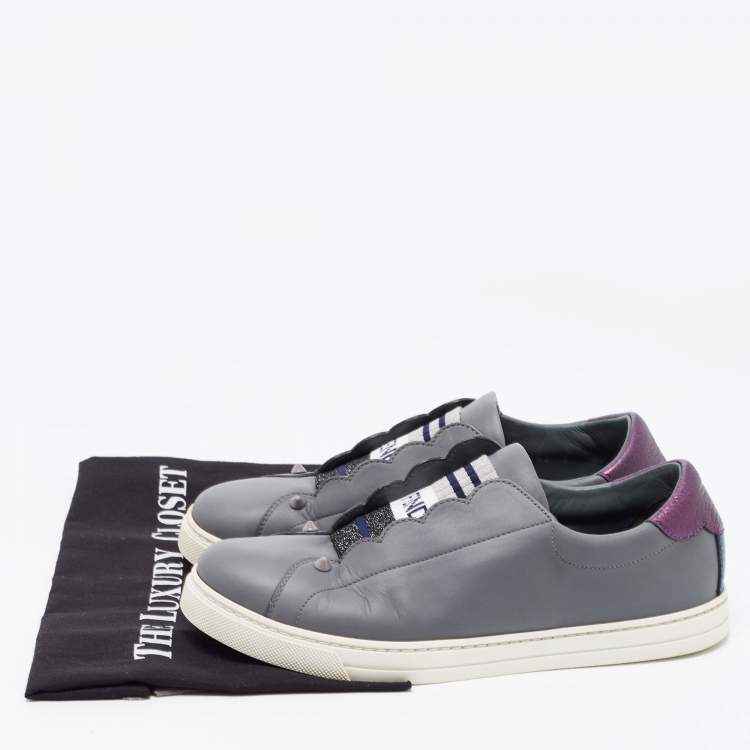 Pre Owned Fendi Grey Leather Rockoko Slip On Sneakers Size 39